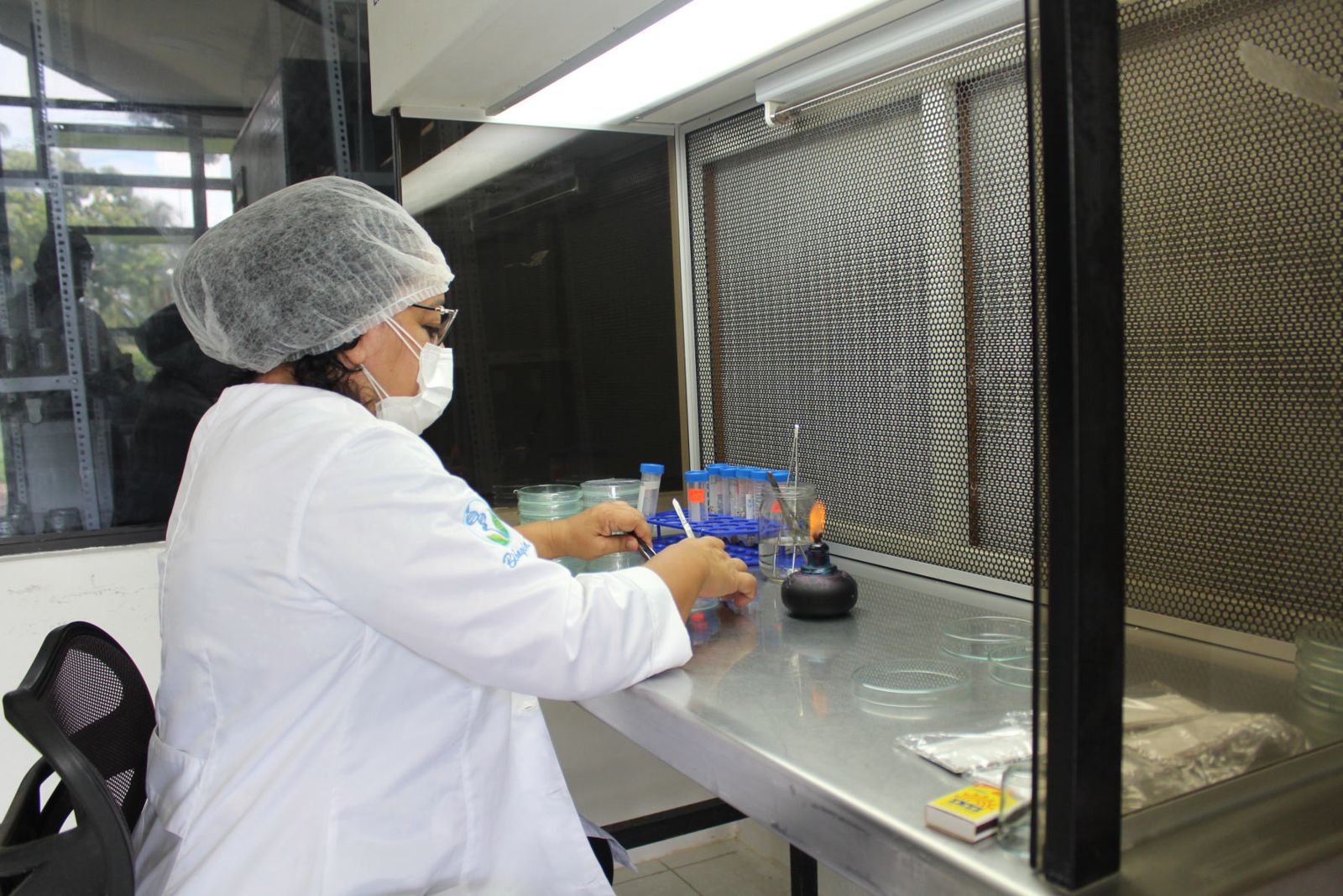 Analista del ICT trabajando en una cabina de flujo laminar
